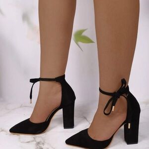 Black tie front chunky ankle strap pumps